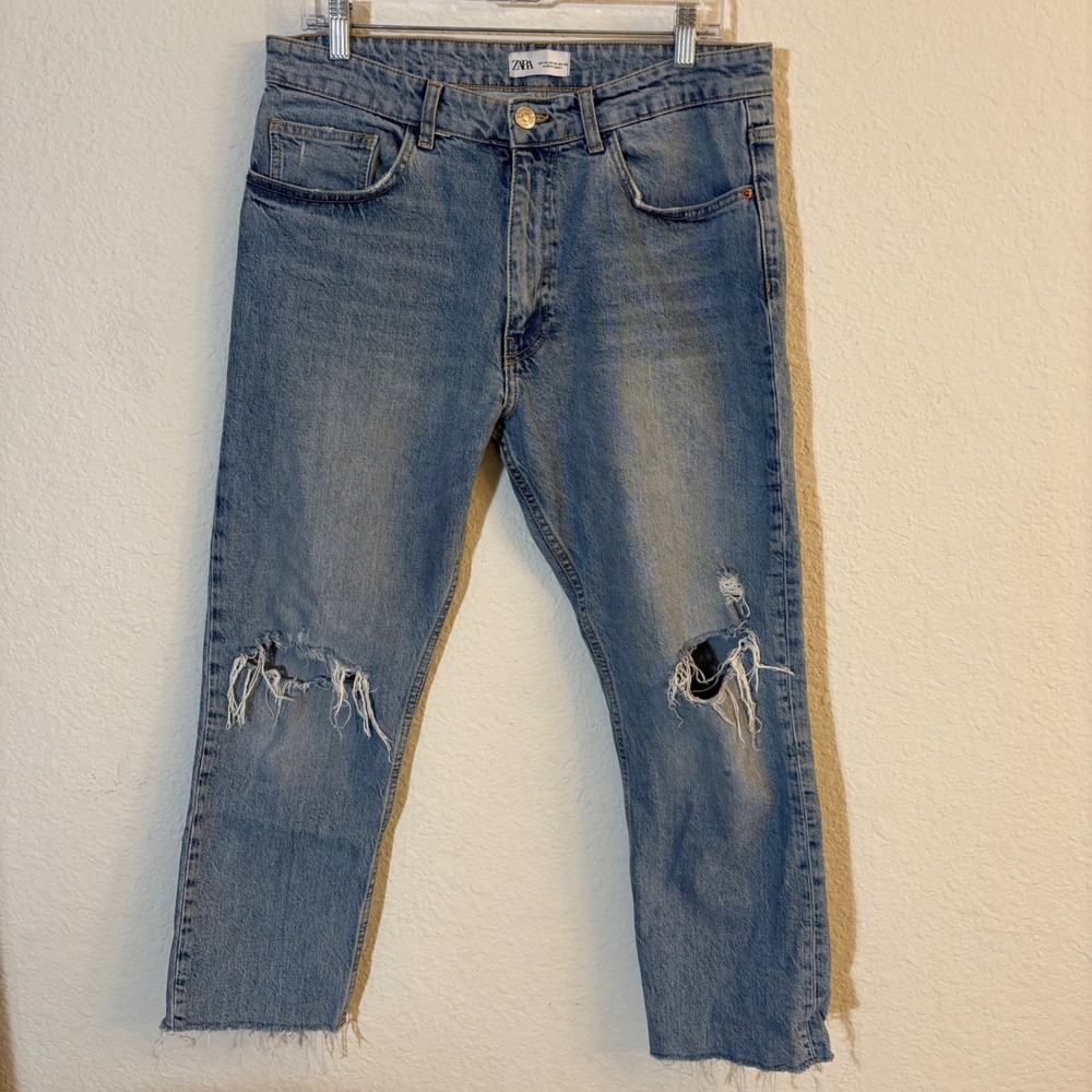 Zara Distressed Straight Leg Jeans Size 10 Blue
